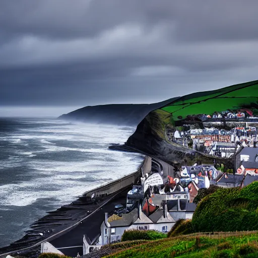 Image similar to the town of aberystwyth with stormy sea, ultrarealism, photorealism, 8 k, wide angle