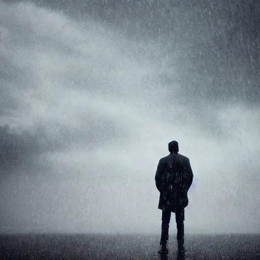 Image similar to dramatic picture of a person standing sideways far away in the middle of a heavy rain surround by grey and grey clouds realistic photo cinematic