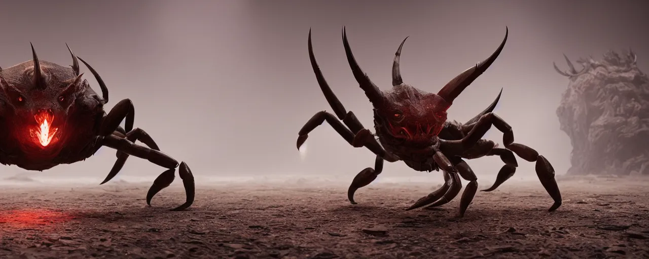 Prompt: creature design, a slender fast furry crab with oryx head and horns, oryx colored fur, cryptid, cinematic lighting, octane render, cinematic aura lighting, atmospheric, photorealistic, hyperdetailed 3 d matte painting, hyperrealism, hyperrealistic