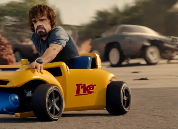 Image similar to peter dinklage driving a little tikes car, racing vin diesel, movie still, explosions in the background, from the new fast and furious movie, 8 k, realistic