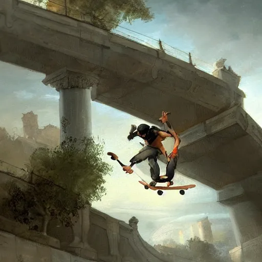 Image similar to skateboarder painting dynamic detailed by hubert robert