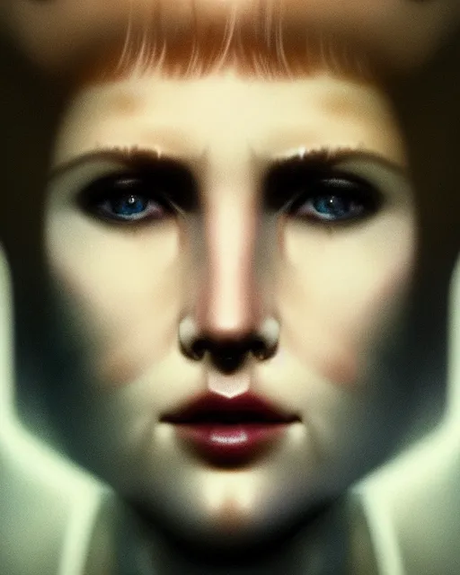 Prompt: a stunning close up portrait of replicant rachael from blade runner, foggy background, digital art by ross tran and angel ganev and eugene de blaas, highly detailed, octane render