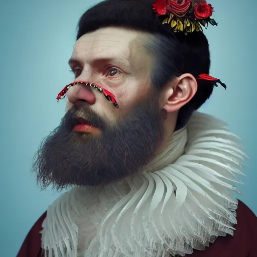 Image similar to Colour Caravaggio style full body portrait Photography of Highly detailed Man wearing Ukrainian folk costume designed by Taras Shevchenko with 1000 years perfect face wearing highly detailed retrofuturistic VR headset designed by Josan Gonzalez. Many details In style of Josan Gonzalez and Mike Winkelmann and andgreg rutkowski and alphonse muchaand and Caspar David Friedrich and Stephen Hickman and James Gurney and Hiromasa Ogura. Rendered in Blender and Octane Render volumetric natural light