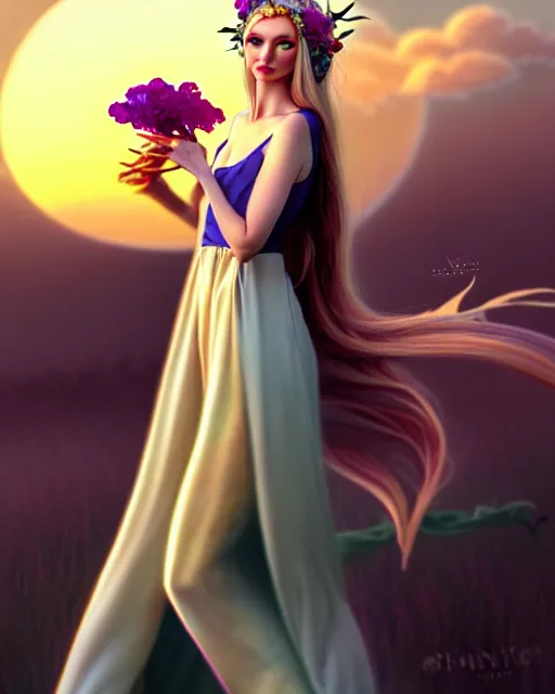 Prompt: photo of elf in long satin evening dress, flowers in hair, fantasy character portrait, soft clouds, floral sunset, ultra realistic, concept art, intricate details, cinematic, highly detailed