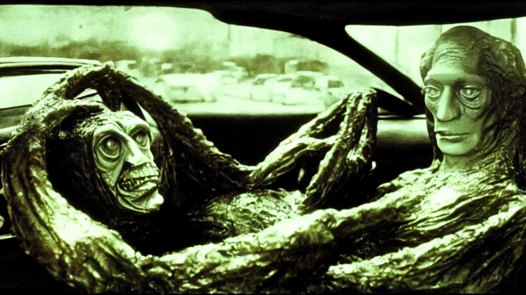 Prompt: the creature sits in a car, made of wax and oil, film still from the movie directed by David Cronenberg with art direction by Salvador Dalí, wide lens