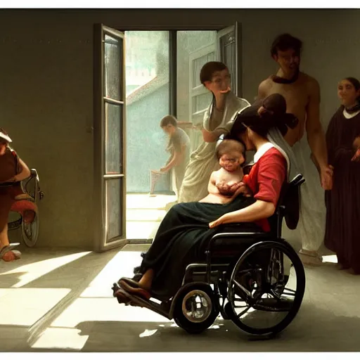 Prompt: the patient was in a wheelchair in the hospital and two family members were standing by. happy, cheerful, sharp focus, artstation, cinematic, hyperdetailed, by william adolphe bouguereau