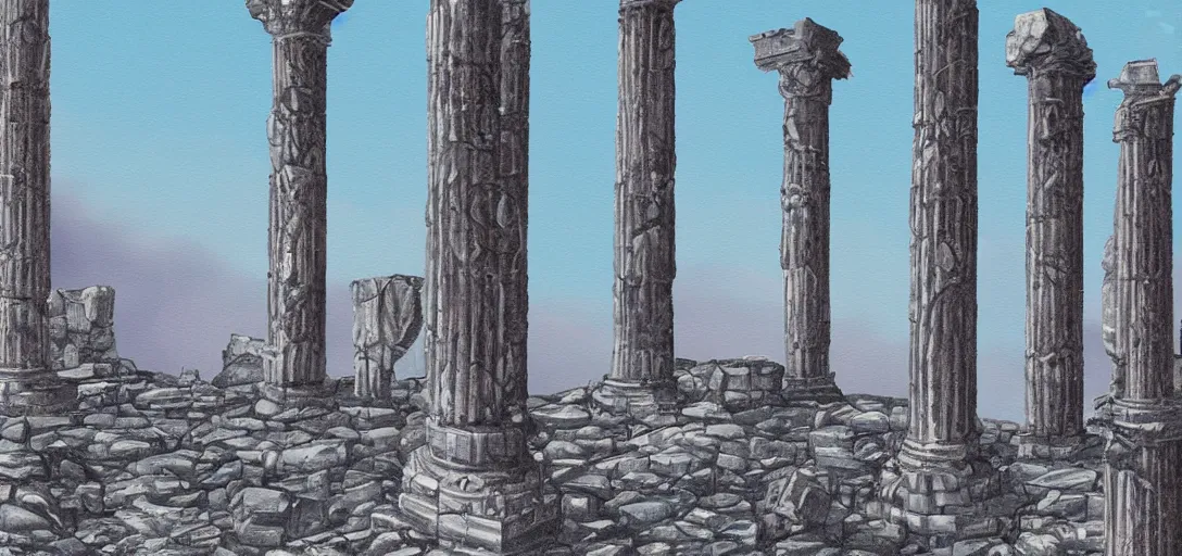 Image similar to The ruins of the Silver Millennium on the moon from Sailor Moon, digital painting, Earth in the distance, Greek-esque columns and ruins