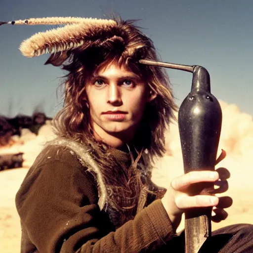 Image similar to close up headshot of a skinny high-fantasy elf with a long narrow face and spiky blonde hair wearing dark brown overalls and holding a bomb next to a destroyed car, high resolution film still, fim by Peter Jackson