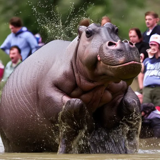 Image similar to a hippopotamus rampaging through sports crowd.