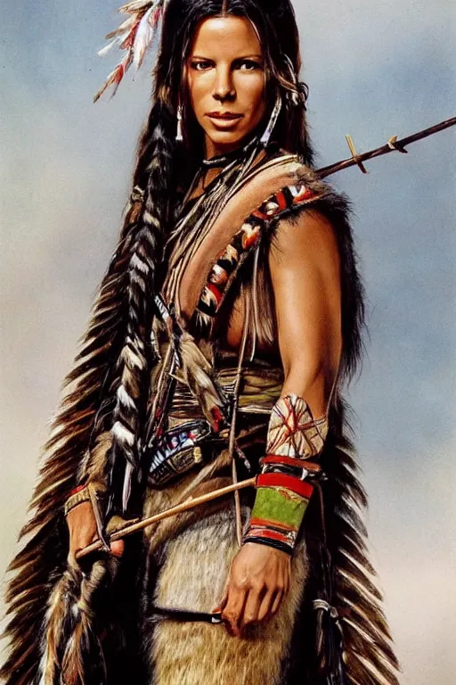 Image similar to Photo of Native American indian woman Kate Beckinsale, portrait, skilled warrior of the Apache, ancient, realistic, detailed, Kate Beckinsale