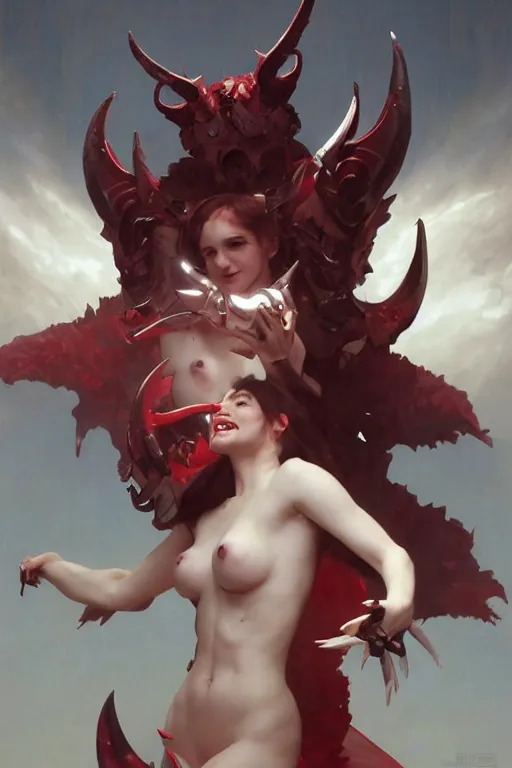 Image similar to Beautiful pale laughing succubus with mechanical wings and devil's horns, red lighting, masterpiece 4k digital illustration by Ruan Jia and Mandy Jurgens and Artgerm and william-adolphe bouguereau, highly detailed, trending on artstation, award winning,