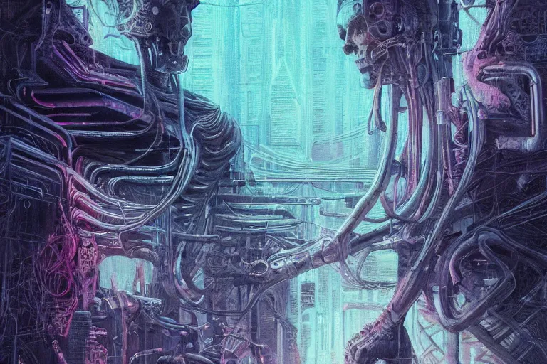 Image similar to highly detailed concept art of neuromancer characters, dystopian post - apocalyptic retrofuturistic neon vibe, an ultrafine detailed painting by hans giger and wayne barlowe, trending on deviantart, pop surrealism, whimsical, lowbrow, perfect symmetrical face, sharp focus, octane, masterpiece