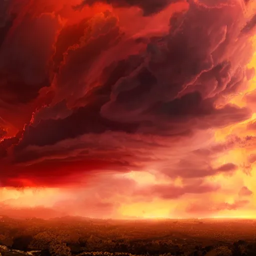Image similar to burning clouds, thunder, 4k, post-processing, very very detailed, artstation, cute
