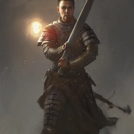 Prompt: a dramatic epic ethereal portrait of a medieval soldier, full body with dynamic pose, male, detailed face, cinematic lighting, highly detailed oil on canvas painting by Greg Rutkowski, winning-award digital art trending on Artstation H 1024 W 832