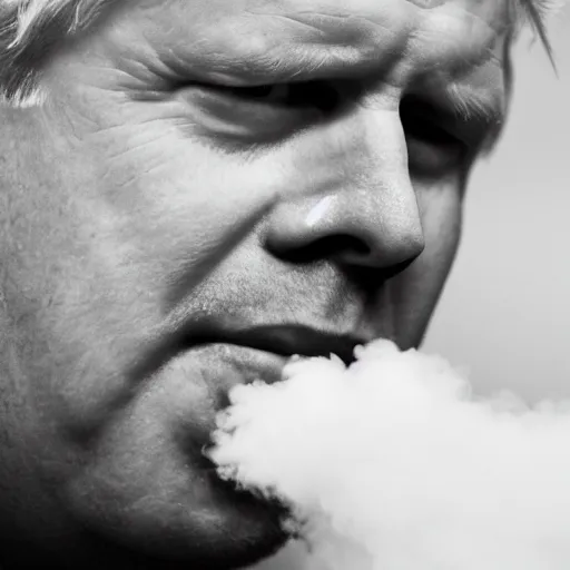 Prompt: medium shot photo of Boris Johnson with a joint with smoke coming out, 4k, ultra HD