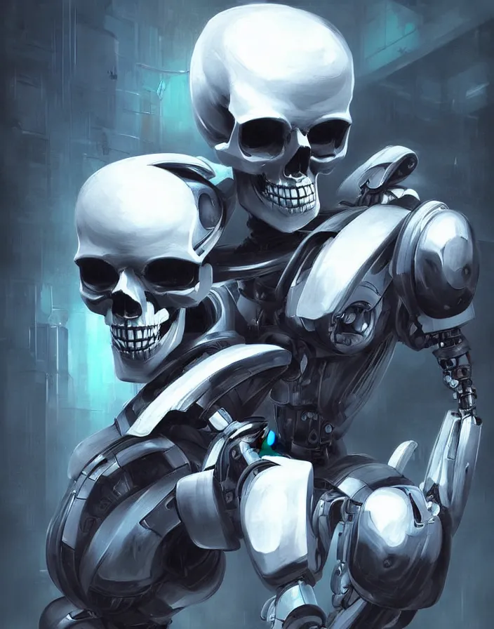 Image similar to skull - headed robot cyborg painting, illutstration, concept art, cyberpunk, futurism, comics art, artgerm, full body shot, wide angle