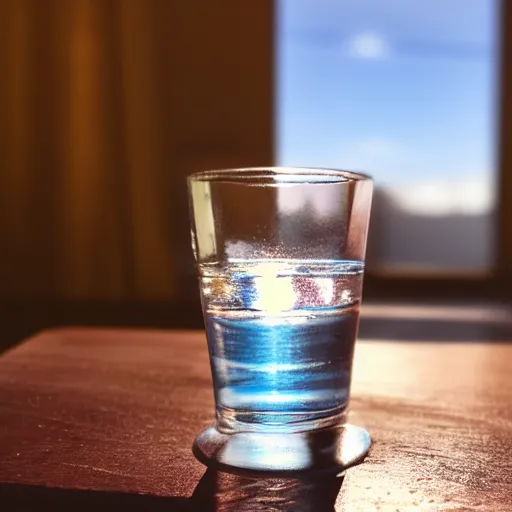 Prompt: a glass of water sitting on a sunlit table