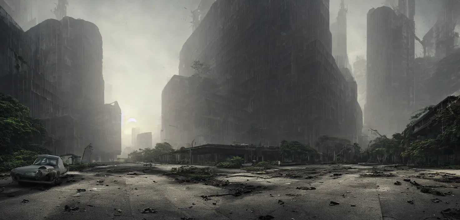 Prompt: ground level, cathedral, smooth brutalist architecture, abandoned, empty streetscapes, overgrown jungle, natural volumetric light, mist, sunset, rusted steel, concrete, glass, stunning skies, scattered rubbish and debris, 8 k, finely detailed, unreal engine, imax, cinematic, beautifully illustrated, sharp focus, minimal artifacts, doom, greg rutkowski, artstation
