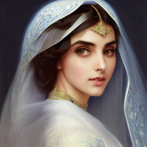 Image similar to ameera al taweel, bright blue eyes, long wavy black hair, white veil, front , highly detailed, digital painting, artstation, concept art, smooth, sharp focus, illustration, ArtStation, art by artgerm and greg rutkowski and alphonse mucha and J. C. Leyendecker and Edmund Blair Leighton