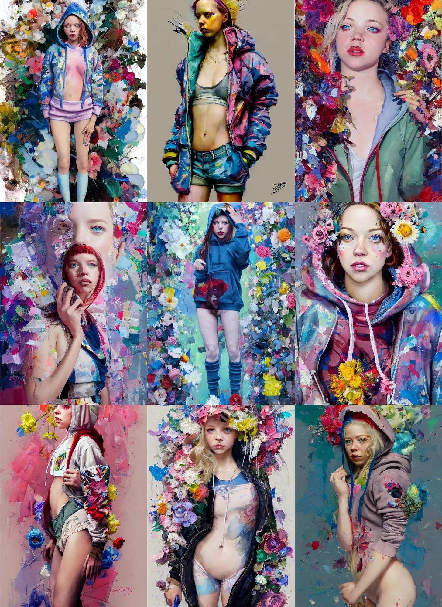 Prompt: 2 5 year old sydney sweeney in style of martine johanna and donato giancola, wearing a hoodie, standing in township street, street fashion outfit,!! haute couture!!, full figure painting by john berkey, david choe, ismail inceoglu, decorative flowers, 2 4 mm, die antwoord yolandi visser