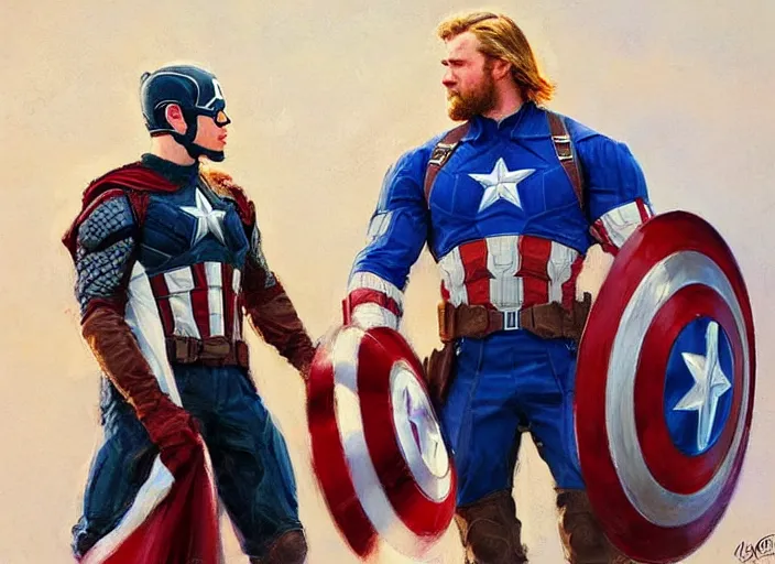 Image similar to a highly detailed beautiful portrait of captain america and thor sharing a moment, by gregory manchess, james gurney, james jean