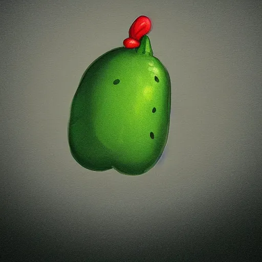 Image similar to A happy green pickle standing on top of a mountain, fog, digital art, cartoon art,