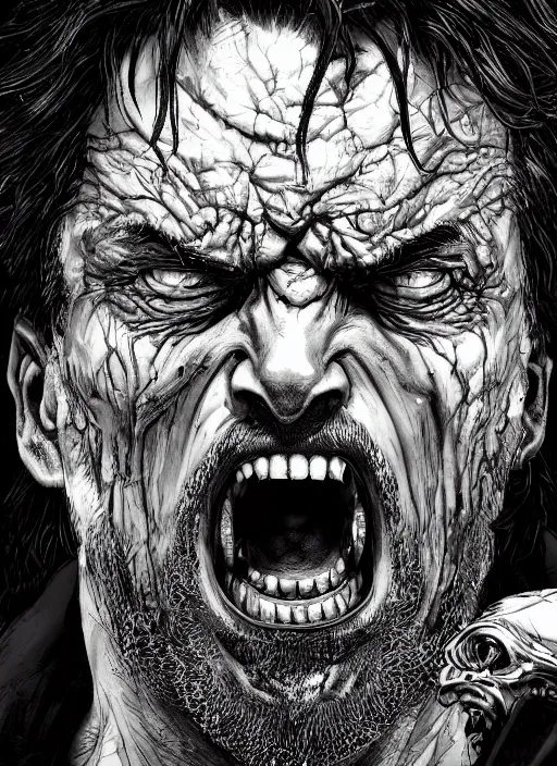 Image similar to close up portrait of an insane man, screaming, middle aged, scars, powerful, domineering, stoic, masterful, intense, ultrafine hyperdetailed illustration by kim jung gi, irakli nadar, intricate linework, sharp focus, octopath traveler, yoji shinkawa, highly rendered, detailed, concept art