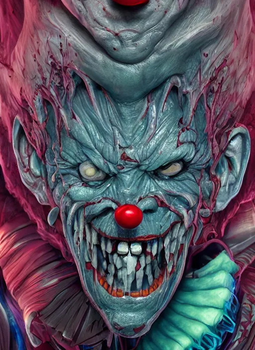 Image similar to evil horror clown, monster anatomy, ross tran, vivid colors, anatomical, highly detailed sculpture, intricate detailed, ommatidia, 8 k, cinematic atmosphere, post - processing