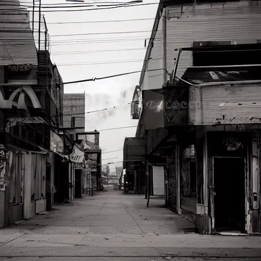 Image similar to thin clouds of colored smoke whip and swirl around a tall, thin man as he walks down the lonely street of abandoned neon - lit storefronts