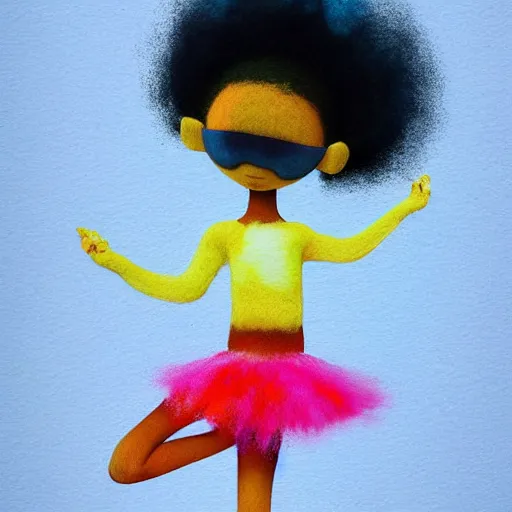 Image similar to a black girl with a colorful afro and rainbow eyes doing ballet, bright colours, bokeh!! watercolor, volumetric wool felting, macro photography, children illustration, by goro fujita