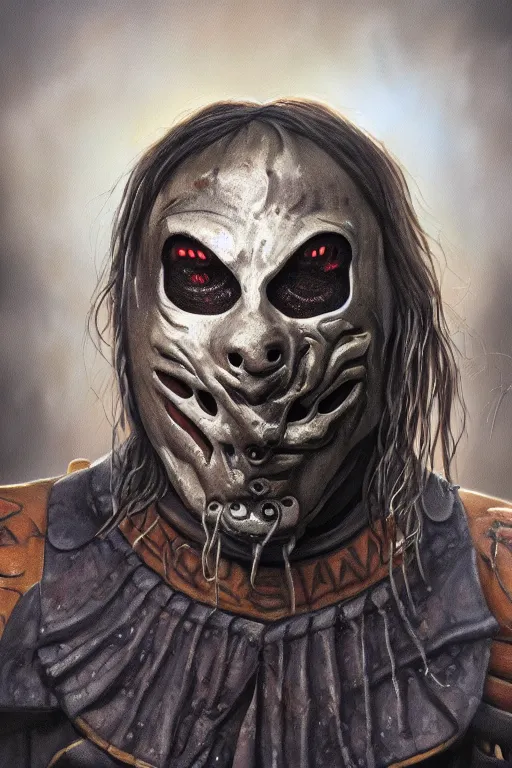 Image similar to a full body high detail fantasy portrait oil painting illustration of slipknot band by justin sweet with face and body clearly visible, in a scenic background, insane, realistic proportions, d & d, rpg, forgotten realms, artstation trending, high quality, sombre mood, artstation trending, muted colours, entire person visible!