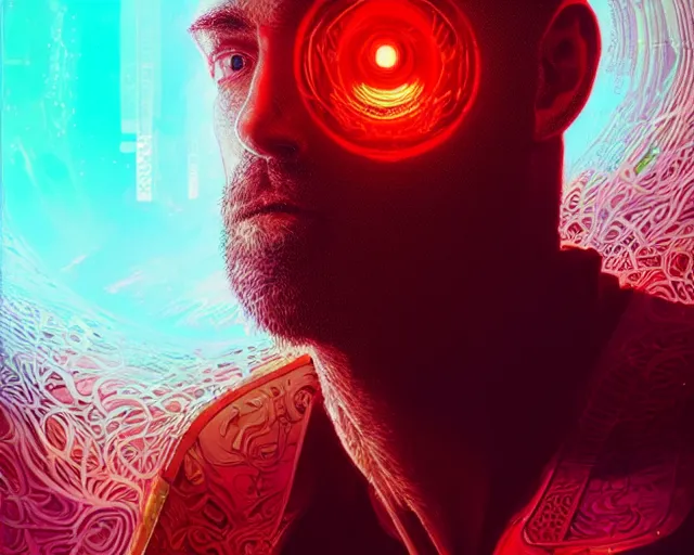 Prompt: portrait of fantasy wizard with halo of red cubes intricate abstract. intricate artwork, by tooth wu, wlop, beeple, dan mumford. concept art, octane render, trending on artstation, greg rutkowski very coherent symmetrical artwork. cinematic, key art, hyper realism, high detail, octane render, 8 k, iridescent accents