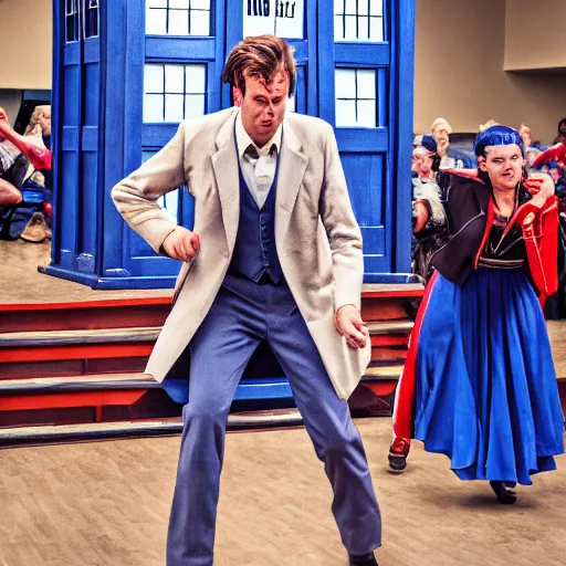 Prompt: the tenth Doctor Who at a polka dancing contest at the YMCA gym, everyone in the background cheering him on, the Tardis door is open, cgsociety, artstation, UE5, 8K, 4K