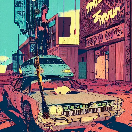 Prompt: a colorful comic noir illustration of a mad max scene in a post - apocalyptic city decaying in the desert by queens of the stone age, by sachin teng, dark vibes, pastel lighting, cinematic, depth of field, 8 k, high contrast