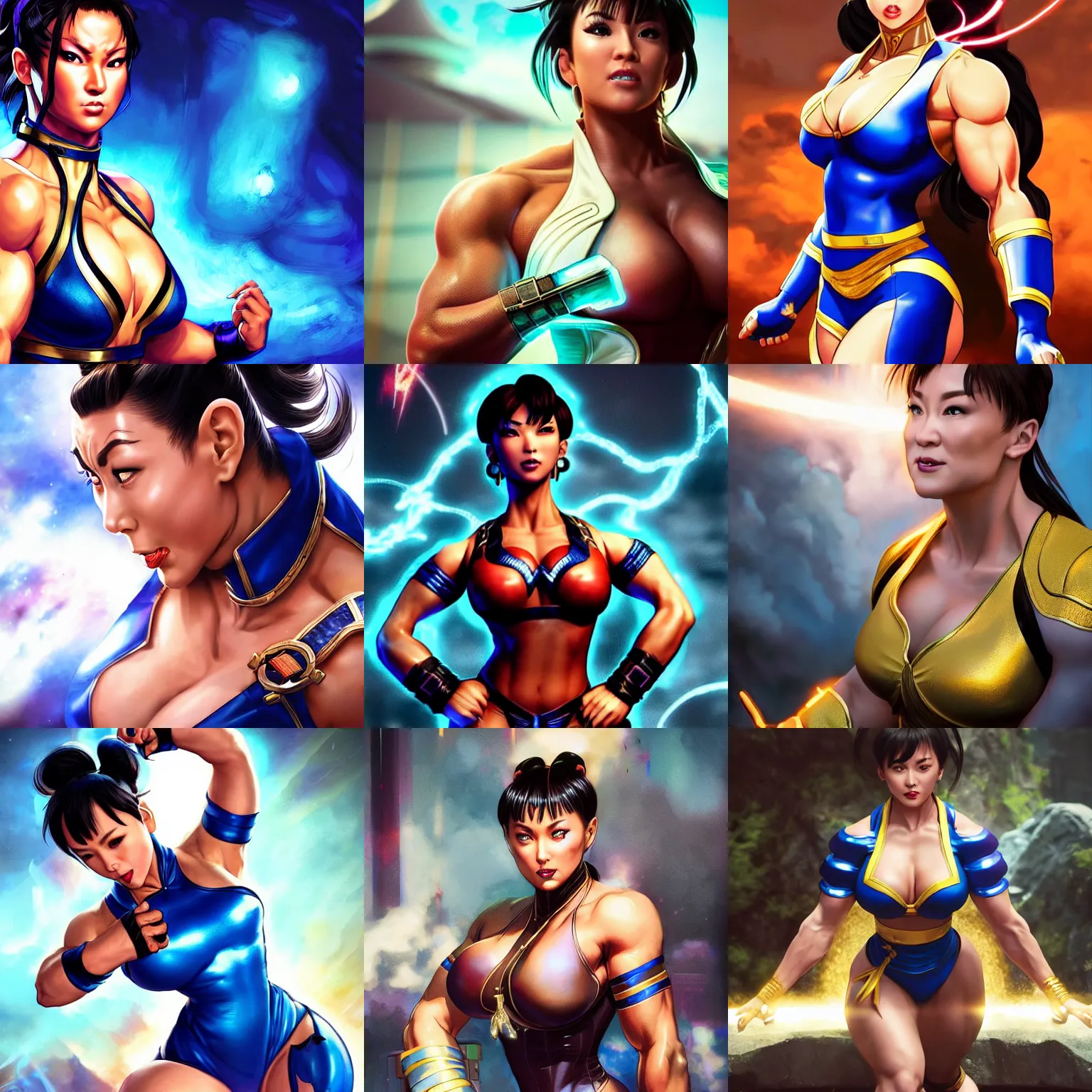 Prompt: chun li face reminiscent of dwayne johnson with chun li sexy outfit, dwayne johnson in tight female outfit of chun li, intricate, epic lighting, cinematic composition, hyper realistic, 8k resolution, unreal engine 5, by Artgerm, tooth wu, dan mumford, beeple, wlop, rossdraws, James Jean, Andrei Riabovitchev, Marc Simonetti, yoshitaka Amano, Artstation