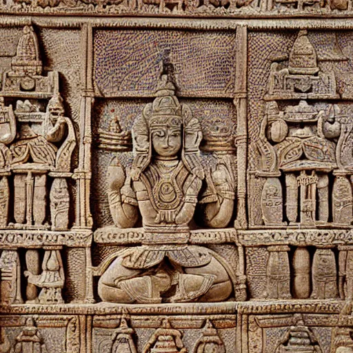 Prompt: detailed section of a decorative stone panel depicting vimana. Hindu artifact, 4K high quality museum collection photograph