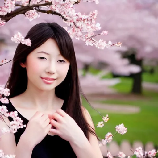 Image similar to a beautiful young Japanese girl, surrounded by sakura petals blowing in the wind, aesthetic!!!, beautiful!!!