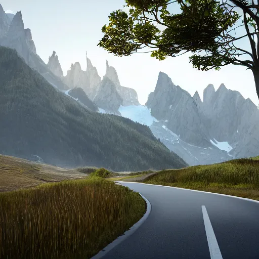 Prompt: road between mountains unreal engine render