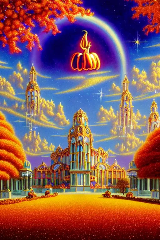 Prompt: a photorealistic detailed cinematic image of a beautiful vibrant iridescent autumn future for human evolution, spiritual science, divinity, utopian, cumulus clouds, ornate halloween architecture, isometric palace, ornate intricate embellished kingdom. jewels and diamonds, by david a. hardy, kinkade, lisa frank, wpa, public works mural, socialist