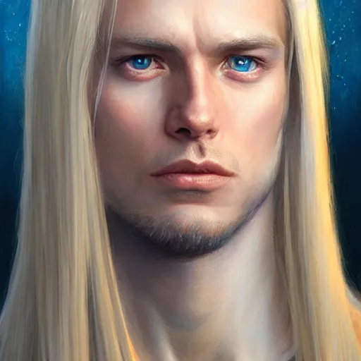 Prompt: 2 7 year old male with blue eyes and long straight blonde hair as a fantasy d & d character, closeup portrait art by donato giancola and greg rutkowski, realistic face, clean shaven, feminine features, digital art, trending on artstation, symmetry!!