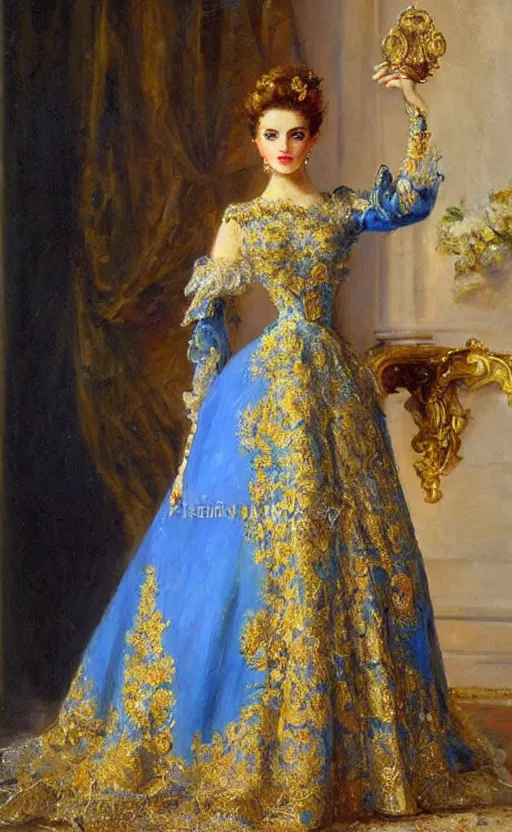 Prompt: Elegant laydy in blue baroque dress with gold ornaments. By Konstantin Razumov, highly detailded