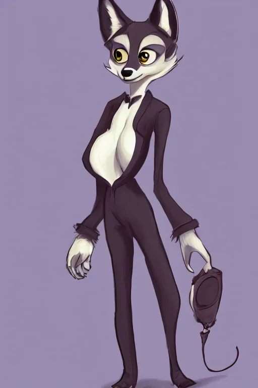 Image similar to drawing of anthromorphic female wolf, in style of cory loftis, female fursona, furry, furaffinity, 4 k, deviantart, furry art, fursona art, wearing black business suit, business suit, in style of zootopia, wolf fursona, cyberpunk, female, very expressive detailed feminine face,