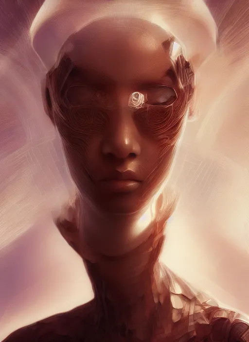 Image similar to beautiful portrait of an alien cyborg, style of Feng Zhu, Artstation geometric, aesthetic, big eyes, smooth skin, angelic, unique features, symmetrical, intricate crown, high fashion, streetwear, cyberpunk, detailed, octane render, cinematic, 8k, brown skin, retro sci fi film, Stanisław Szukalski + Moebius,