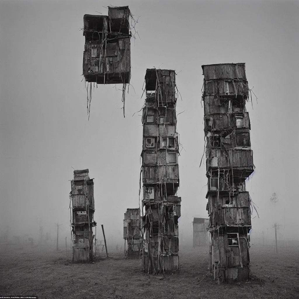 Image similar to two towers, made up of makeshift squatter shacks with pastel colours, misty, dystopia, mamiya rb 6 7, fully frontal view, very detailed, photographed by trent parke