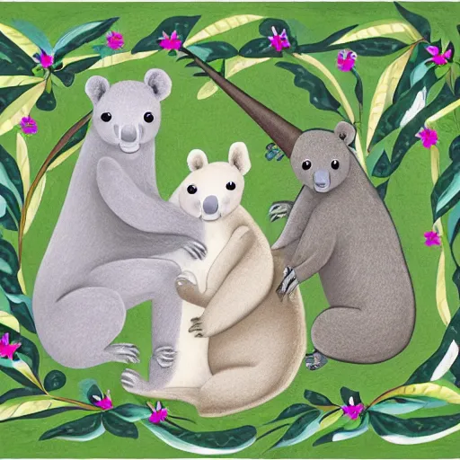 Image similar to A family portrait of unicorns and koalas