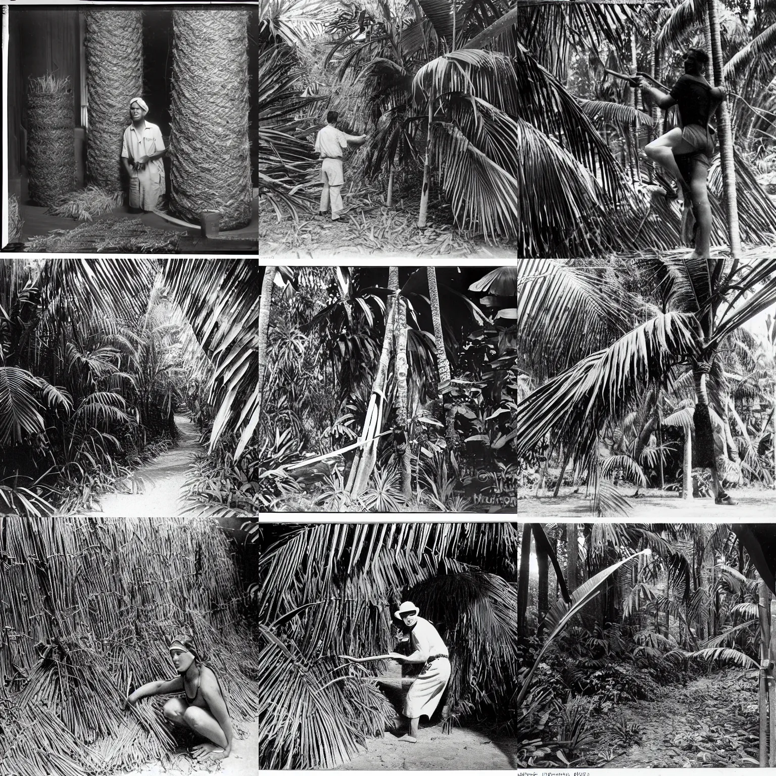 Prompt: lost film footage, pelote en paille de mais, xikrin, musee d ethongraphie geneve, tropical jungle, film still, cinematic, enhanced, 1 9 2 0 s, black and white, grain