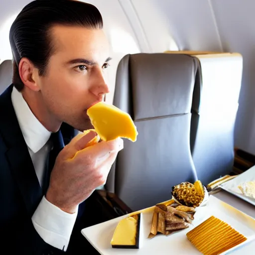 Prompt: a tall attractive man with slicked back brown hair eating cheese on an airplane