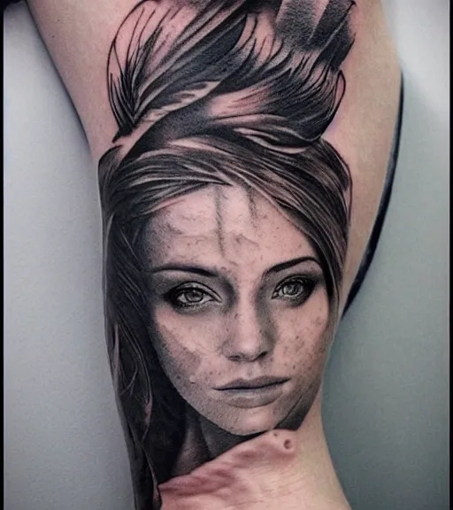 Image similar to hyper realism tattoo sketch of a beautiful woman face double exposure effect with beautiful mountain scene, in the style of matteo pasqualin, amazing detail, sharp, faded