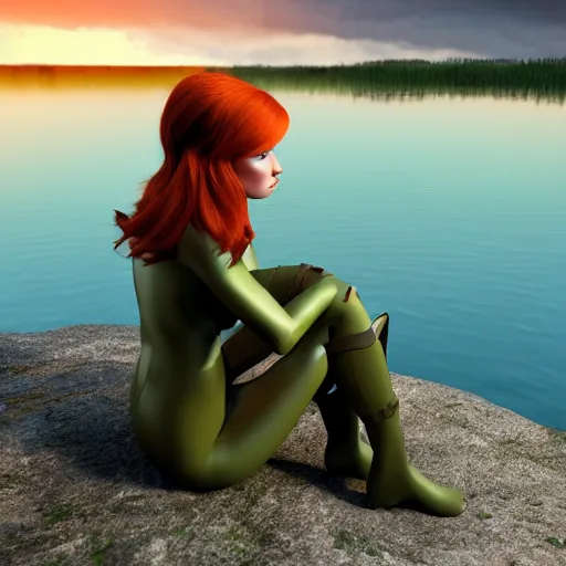 Image similar to beautiful female redhead elf warrior wearing olive green leather, sitting next to a beautiful lake at sunset, enjoying the wind, looking at the water. 8 k ultra realistic, award winning, unreal engine 5, masterpiece, atmosphere glow, hyperrealistic, focused, extreme details, cinematic