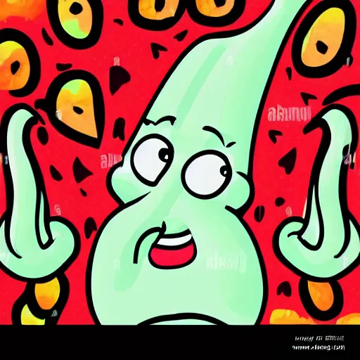 Image similar to cartoon style, strong chin, big smile, big lips, handsome squidward portrait, vivid colors